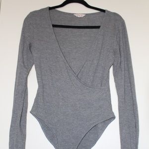 Grey Ribbed Long Sleeve Bodysuit